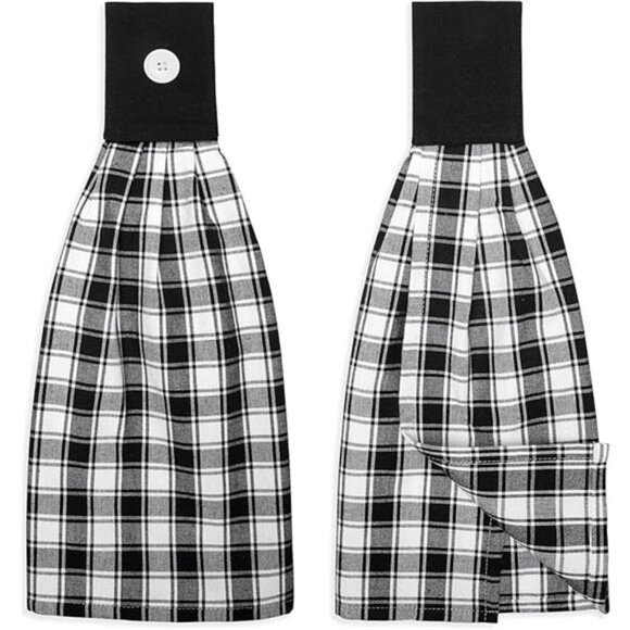 Black White Check Hanging Kitchen Towels Set Cotton Dish Hand Towels Button - Picture 8 of 8